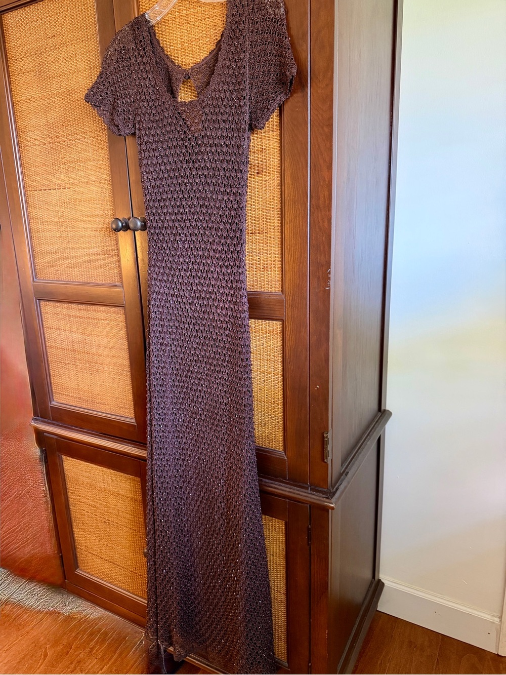 Carmen Marc Valvo Beaded Crocheted Knit Brown Maxi Dress